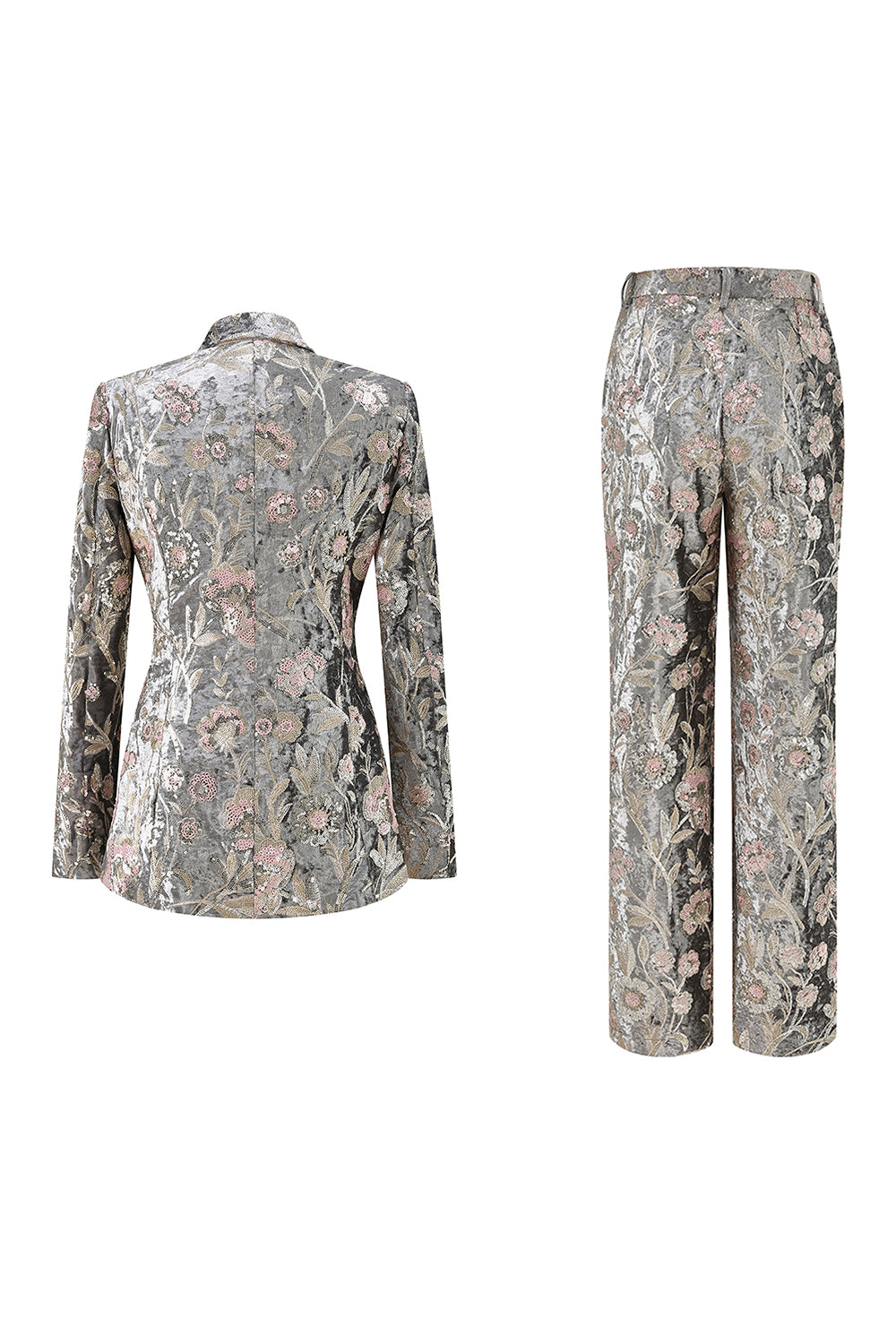Sparkly Grey 2 Piece Peak Lapel Floral Women Prom Suits with Sequins