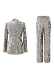 Sparkly Grey 2 Piece Peak Lapel Floral Women Prom Suits with Sequins