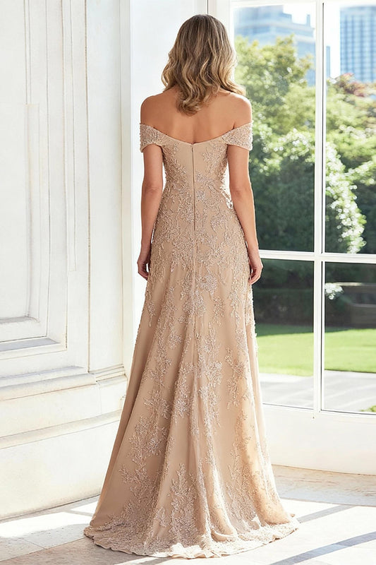 Taupe Lace Applique Sheath Off the Shoulder Mother of the Bride Dress