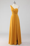 Yellow One Shoulder A Line Long Bridesmaid Dress