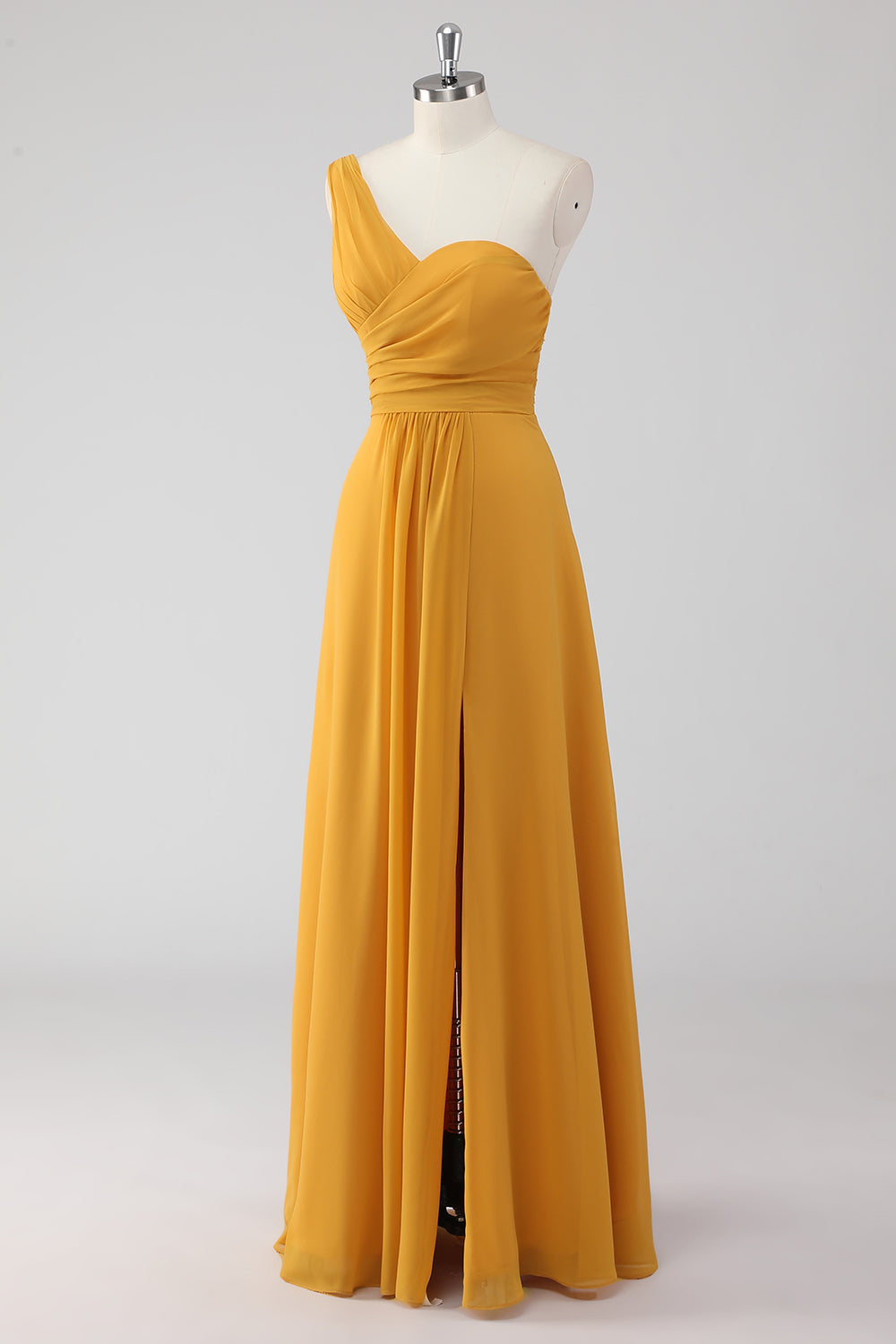 Yellow One Shoulder A Line Long Bridesmaid Dress