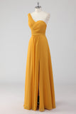 Yellow One Shoulder A Line Long Bridesmaid Dress