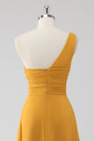 Yellow One Shoulder A Line Long Bridesmaid Dress