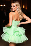 Sparkly Green Tulle Ruffled Corset Short Homecoming Dress with Beading