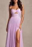 Lavender A-Line Strapless Pleated Floor-Length Prom Dress With Slit