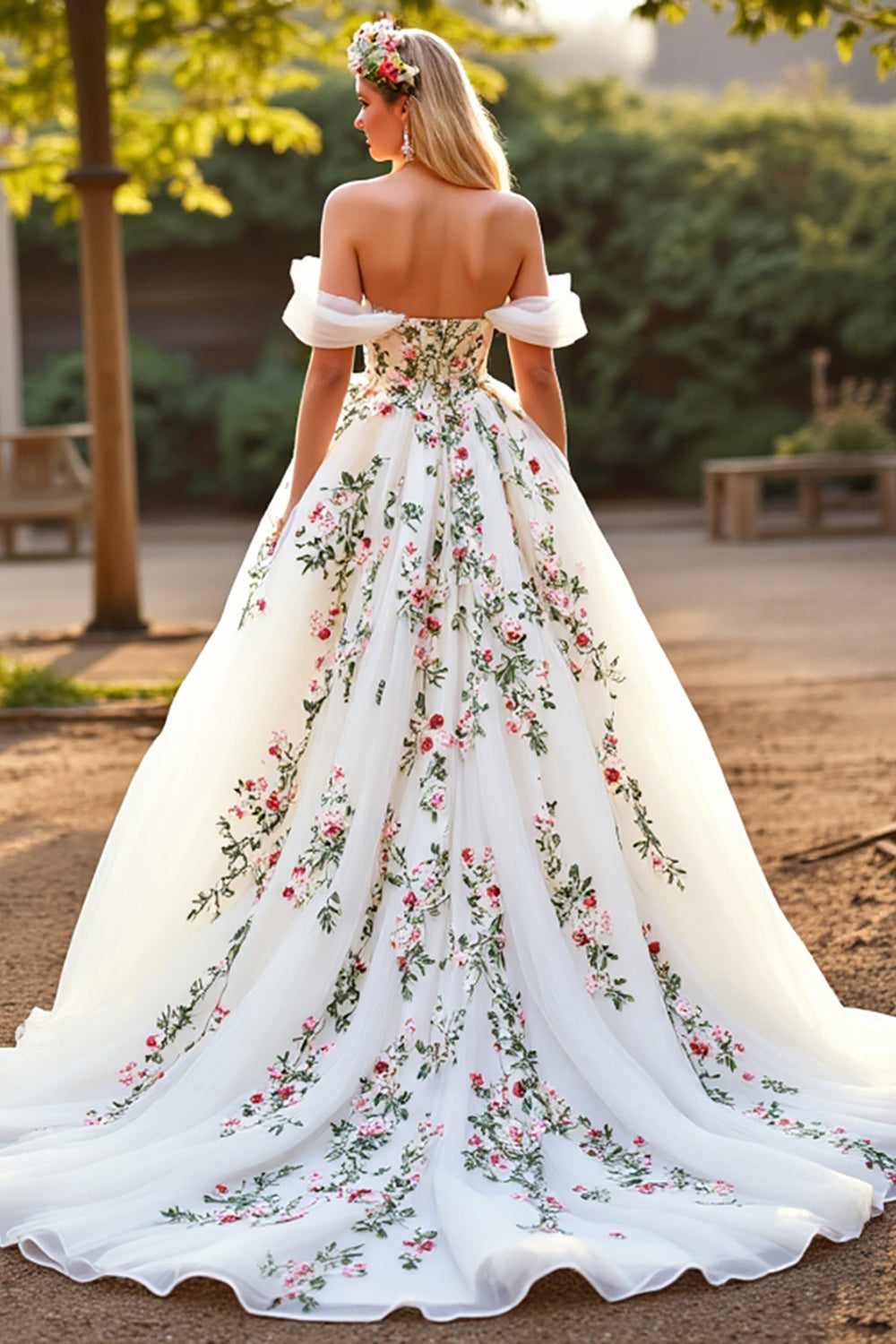 Floral Tulle Ball Gown White Sweep Train Wedding Dress