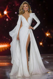 Sparkly White Mermaid Long Sleeves Pageant Dress with Slit