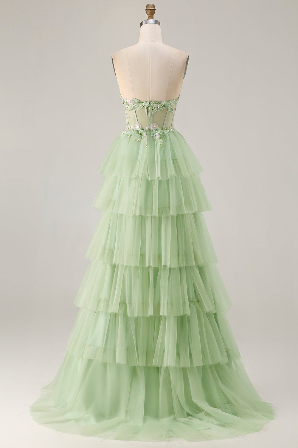 Sparkly Floral Green Beaded Long Corset Prom Dress with Ruffles