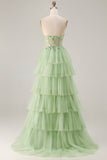 Sparkly Floral Green Beaded Long Corset Prom Dress with Ruffles