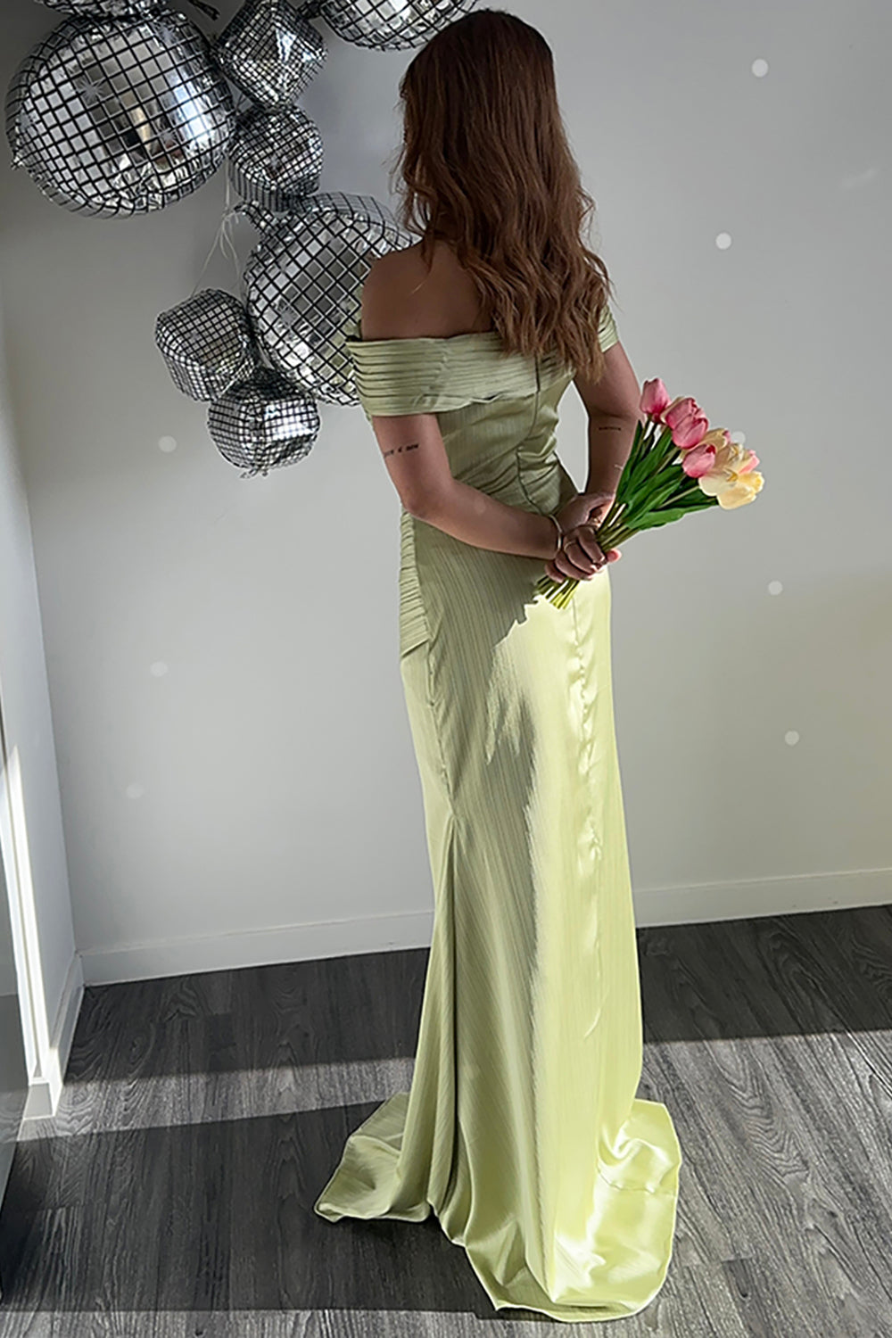 metallic satin green off the shoulder sheath red carpet dress Ladivine CD875 - Long Satin Sheath Dress