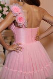 Floral Pink Tulle A Line One Shoulder Short Homecoming Dress