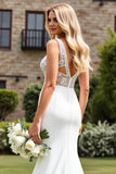 Ivory Satin Lace Sweep Train Mermaid Wedding Dress with Slit