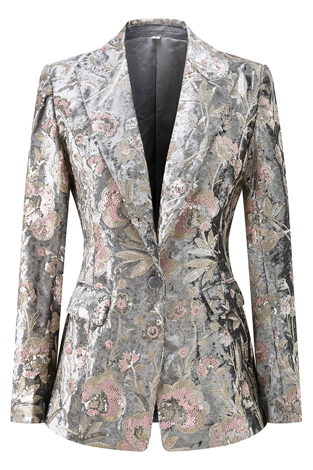 Sparkly Grey 2 Piece Peak Lapel Floral Women Prom Suits with Sequins