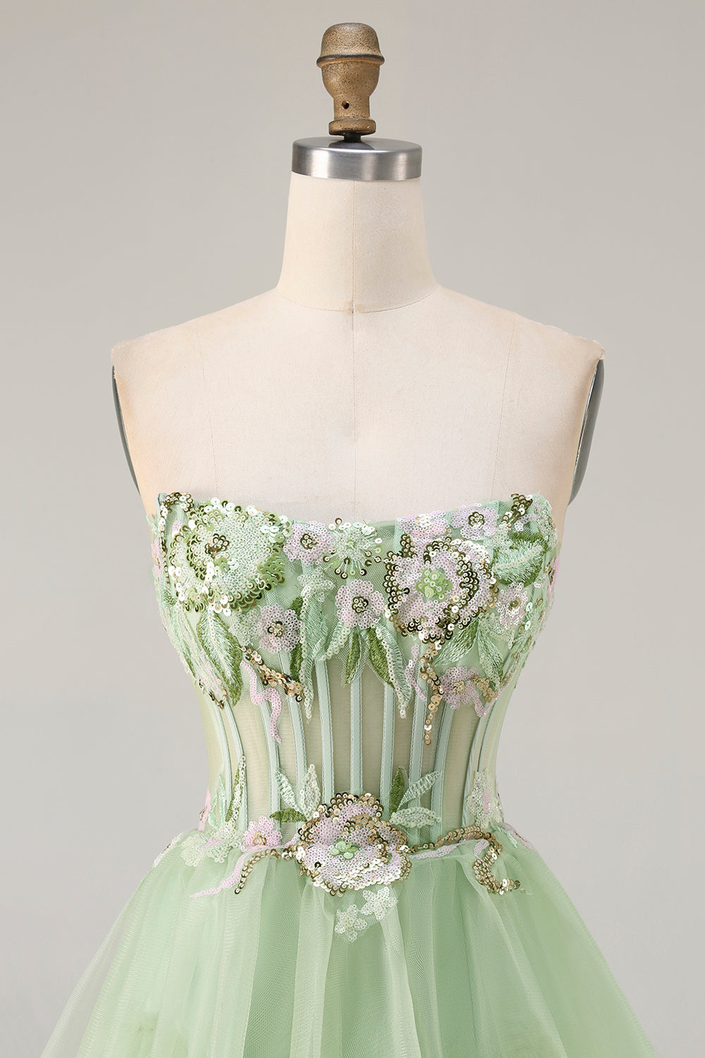 Sparkly Floral Green Beaded Long Corset Prom Dress with Ruffles