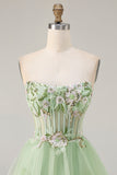 Sparkly Floral Green Beaded Long Corset Prom Dress with Ruffles