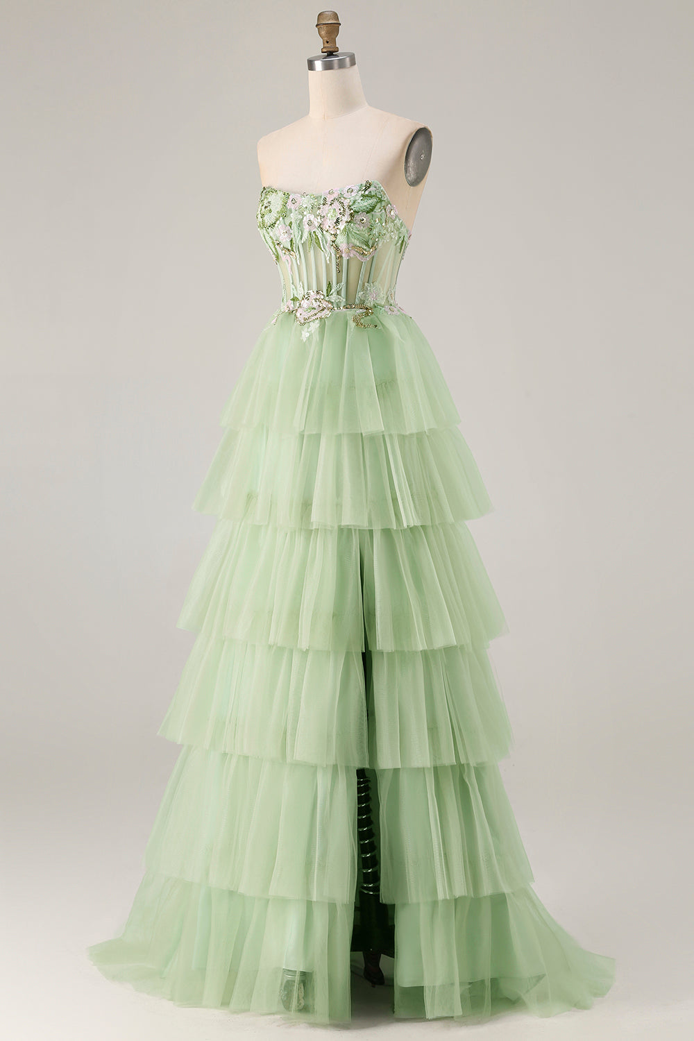 Sparkly Floral Green Beaded Long Corset Prom Dress with Ruffles
