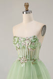 Sparkly Floral Green Beaded Long Corset Prom Dress with Ruffles