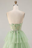 Sparkly Floral Green Beaded Long Corset Prom Dress with Ruffles