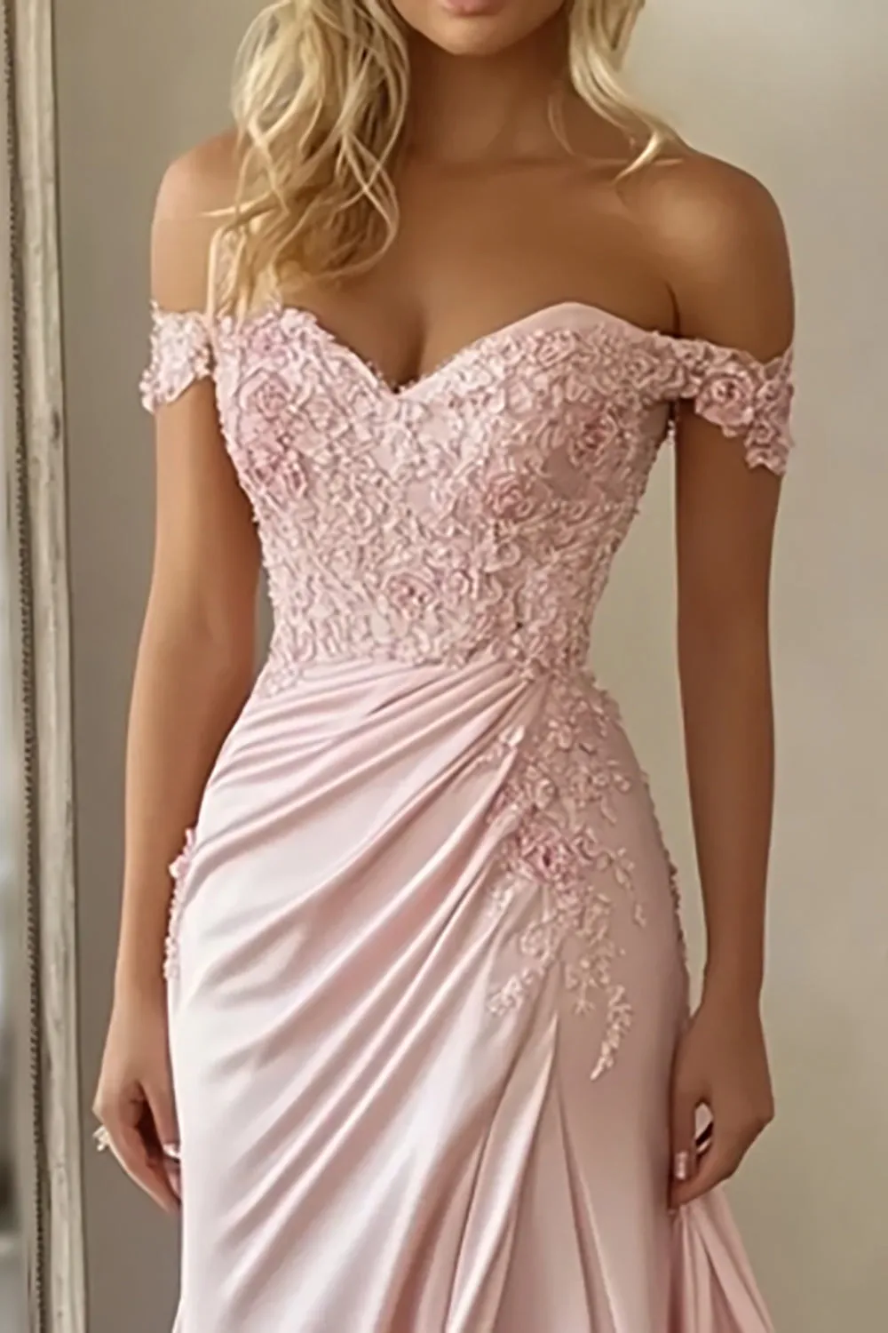Pink Mermaid Off the Shoulder Satin Long Prom Dress with Lace