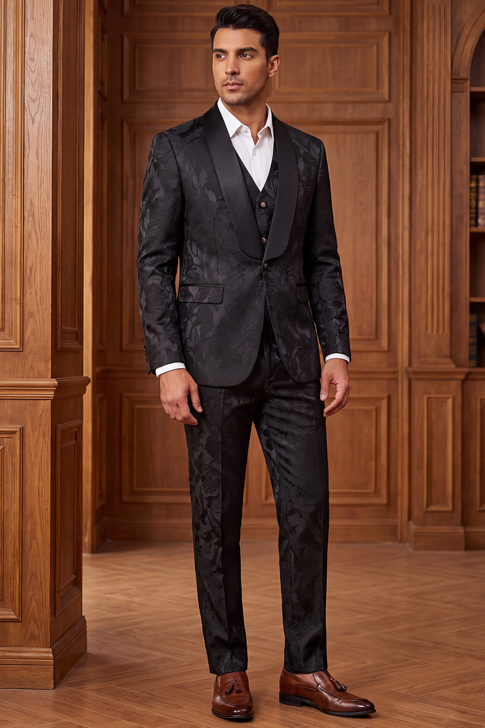 Jacquard Black Shawl 3 Pieces Lapel Men's Suits