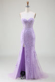Light Purple Corset Sweetheart Long Lace Mermaid Prom Dress with Slit