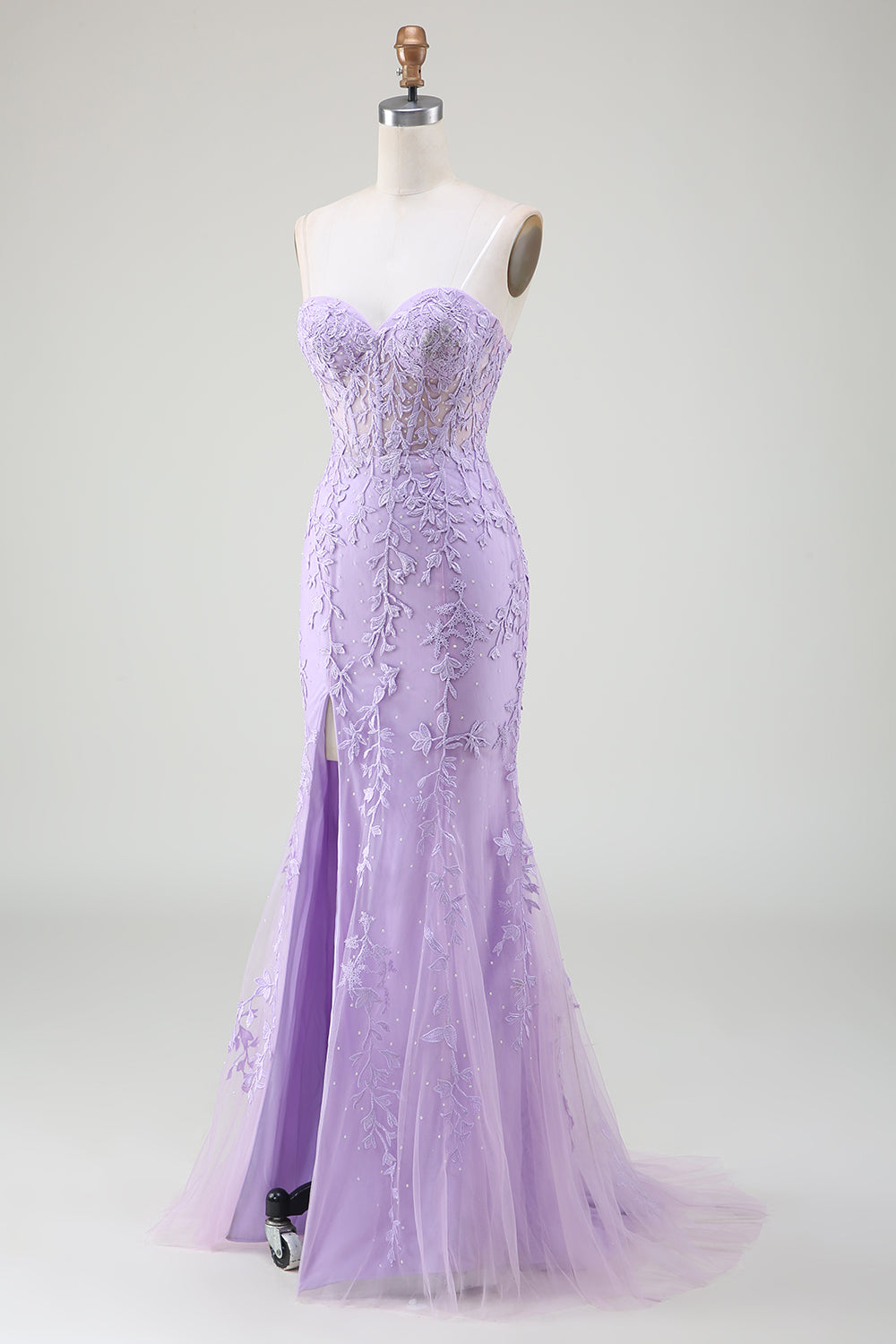 Light Purple Corset Sweetheart Long Lace Mermaid Prom Dress with Slit