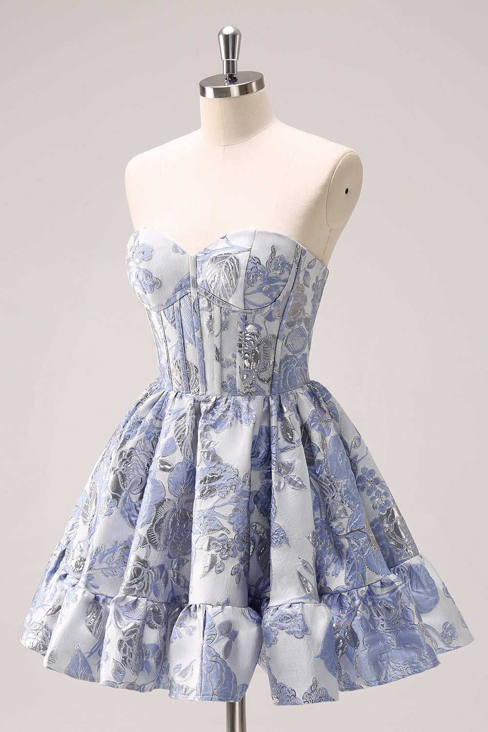 Zapaka Women Fluffy Blue Corset Floral Short Homecoming Dress Strapless