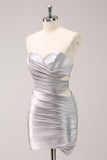 Sparkly Strapless Grey Beaded Short Tight Homecoming Dress