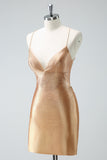 Golden Spaghetti Straps Tight Short Homecoming Dress with Beadings