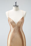 Golden Spaghetti Straps Tight Short Homecoming Dress with Beadings