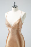 Golden Spaghetti Straps Tight Short Homecoming Dress with Beadings