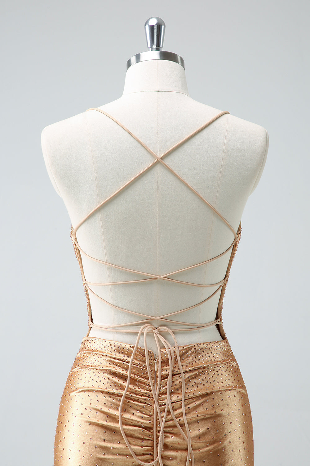 Golden Spaghetti Straps Tight Short Homecoming Dress with Beadings
