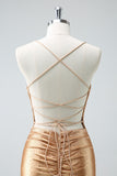 Golden Spaghetti Straps Tight Short Homecoming Dress with Beadings
