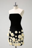 Black Strapless Tight Short Homecoming Dress with 3D Flowers