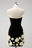 Black Strapless Tight Short Homecoming Dress with 3D Flowers