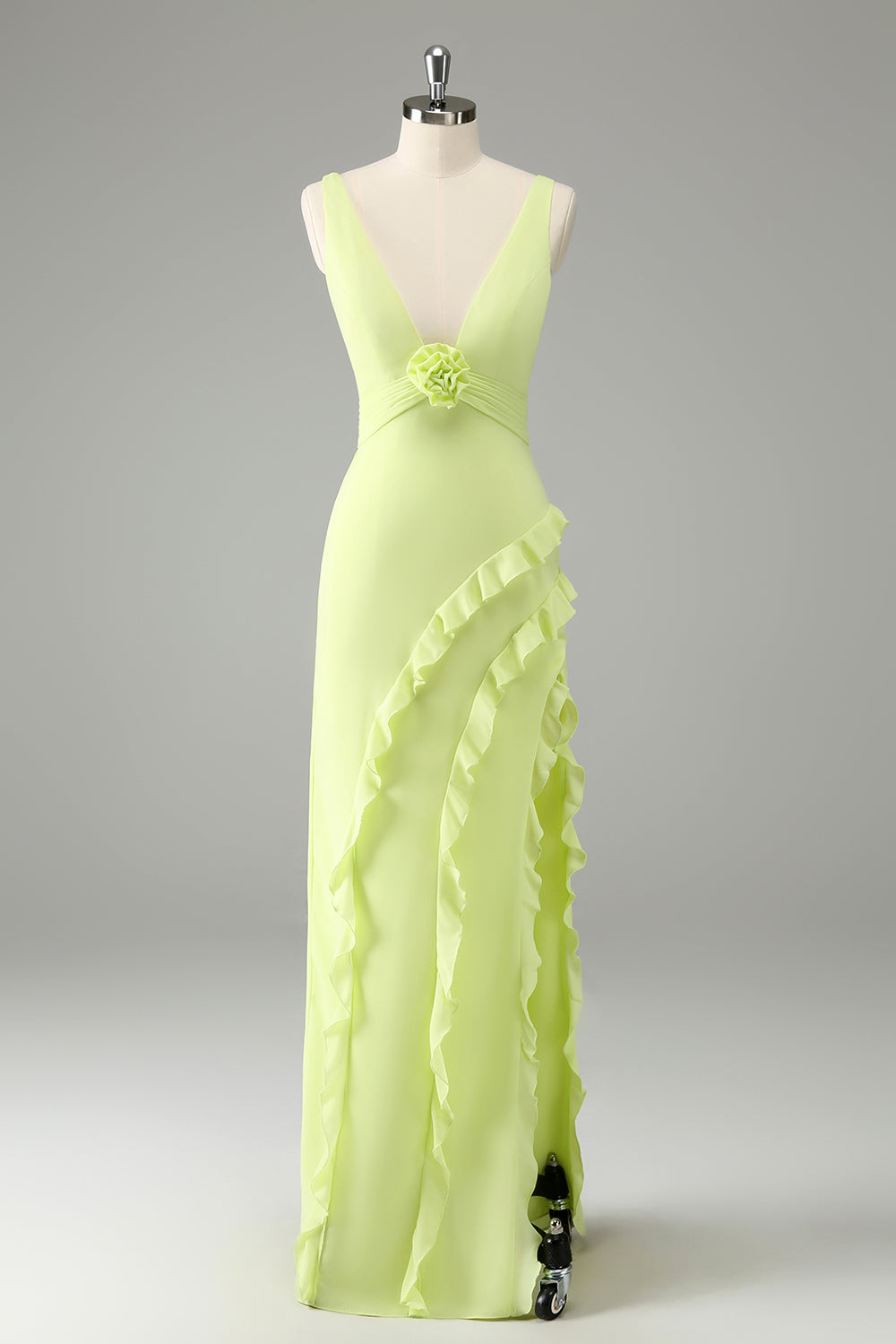Lime Deep V Neck Ruffles Long Bridesmaid Dress with Slit