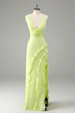 Lime Deep V Neck Ruffles Long Bridesmaid Dress with Slit
