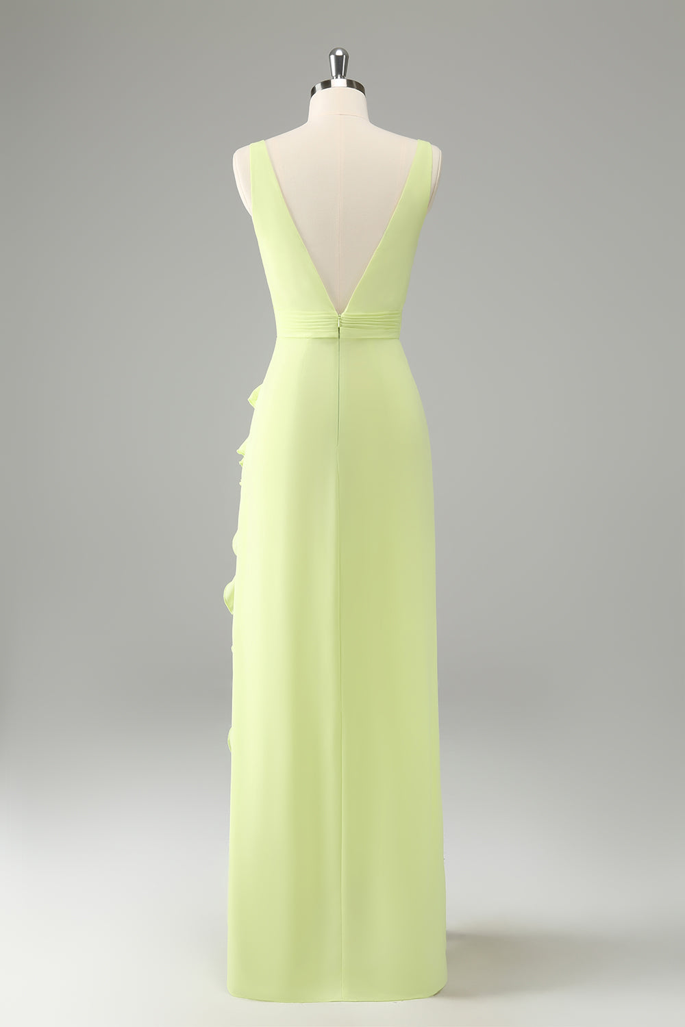Lime Deep V Neck Ruffles Long Bridesmaid Dress with Slit