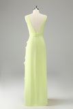 Lime Deep V Neck Ruffles Long Bridesmaid Dress with Slit
