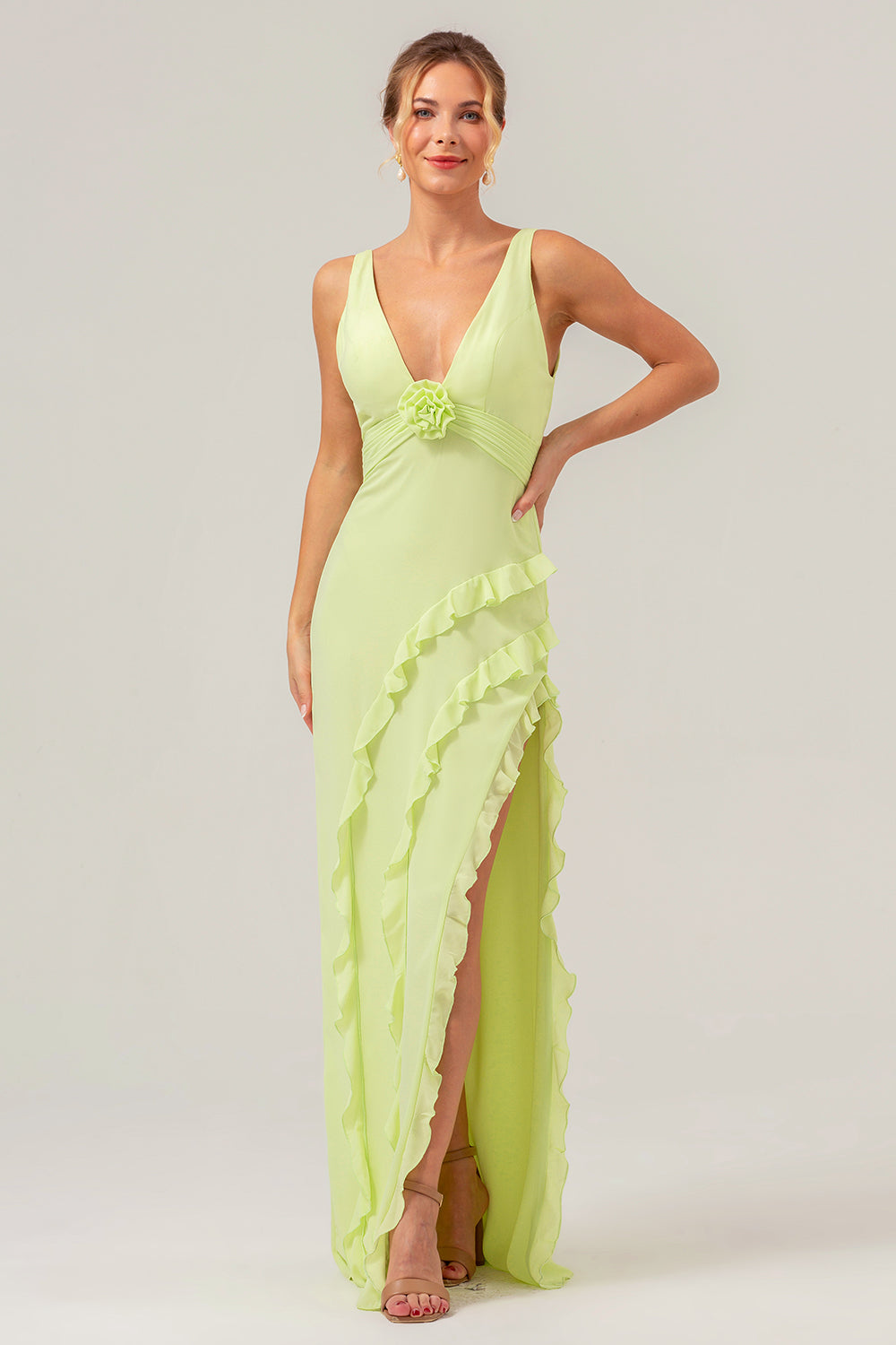 Lime Deep V Neck Ruffles Long Bridesmaid Dress with Slit