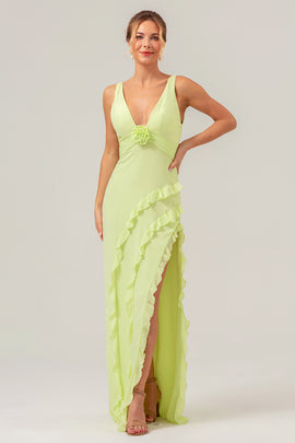 Lime Deep V Neck Ruffles Long Bridesmaid Dress with Slit