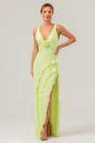 Lime Deep V Neck Ruffles Long Bridesmaid Dress with Slit