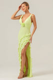 Lime Deep V Neck Ruffles Long Bridesmaid Dress with Slit