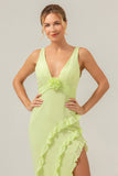 Lime Deep V Neck Ruffles Long Bridesmaid Dress with Slit