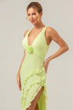 Lime Deep V Neck Ruffles Long Bridesmaid Dress with Slit