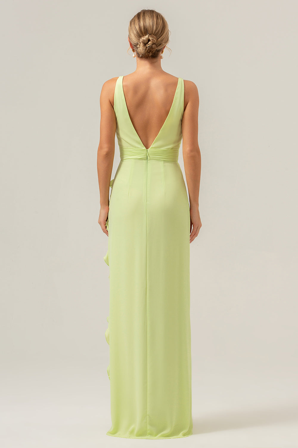 Zapakasa Women Lime Deep V Neck Ruffles Wedding Guest Dress with Slit Sheath Bridesmaid Dress