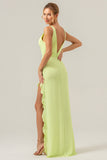 Lime Deep V Neck Ruffles Long Bridesmaid Dress with Slit