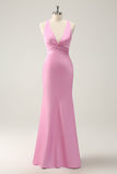 Pink Bridesmaid Dress Mermaid Halter Satin Long Wedding Party Guest Dress