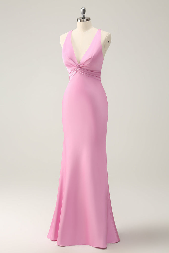 Fashion Pink Satin Pleated Mermaid Long Wedding Guest Dress Evening Gown SP1059 main image 0