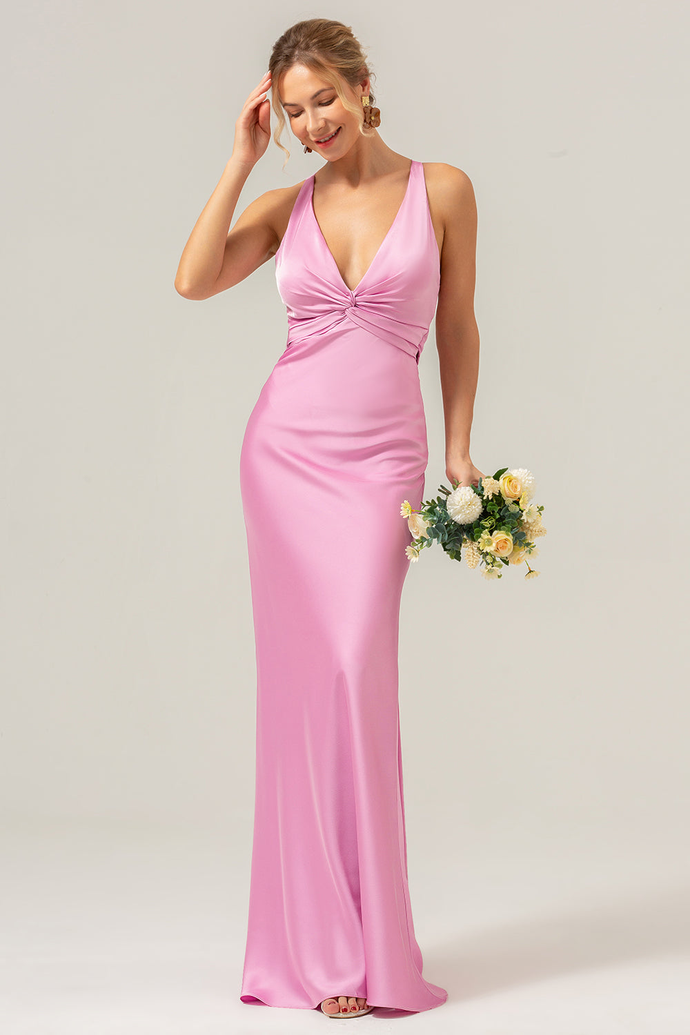 Pink V-Neck Mermaid Satin Long Bridesmaid Dress